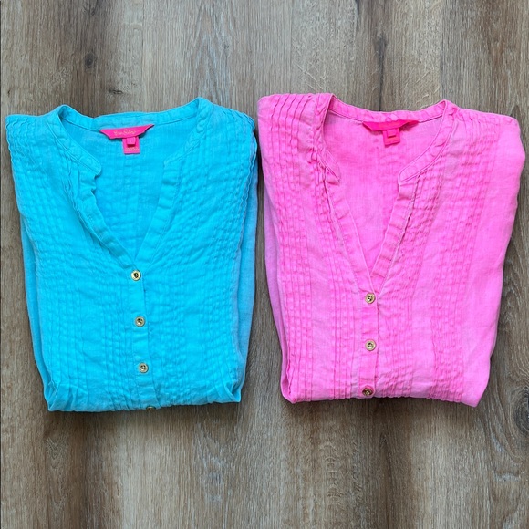 Lilly Pulitzer Tops - Lilly Pulitzer (2) BUNDLE Vibrant Teal Pink 100% Linen Sarasota Tunics Size S